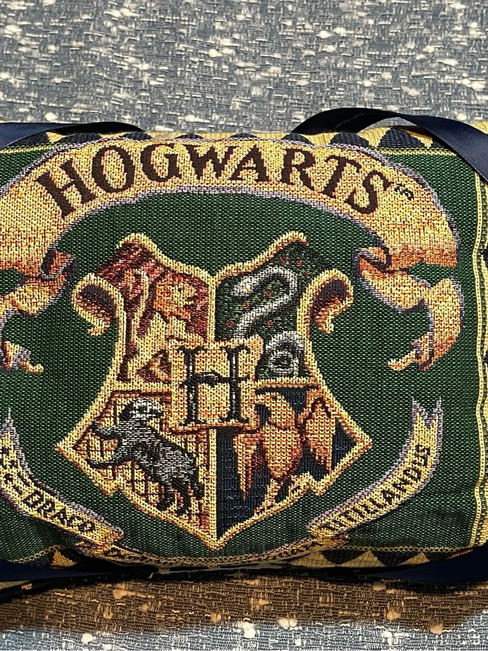 Vintage 2000 Hogwarts Crest Green Tapestry Accent Pillow
